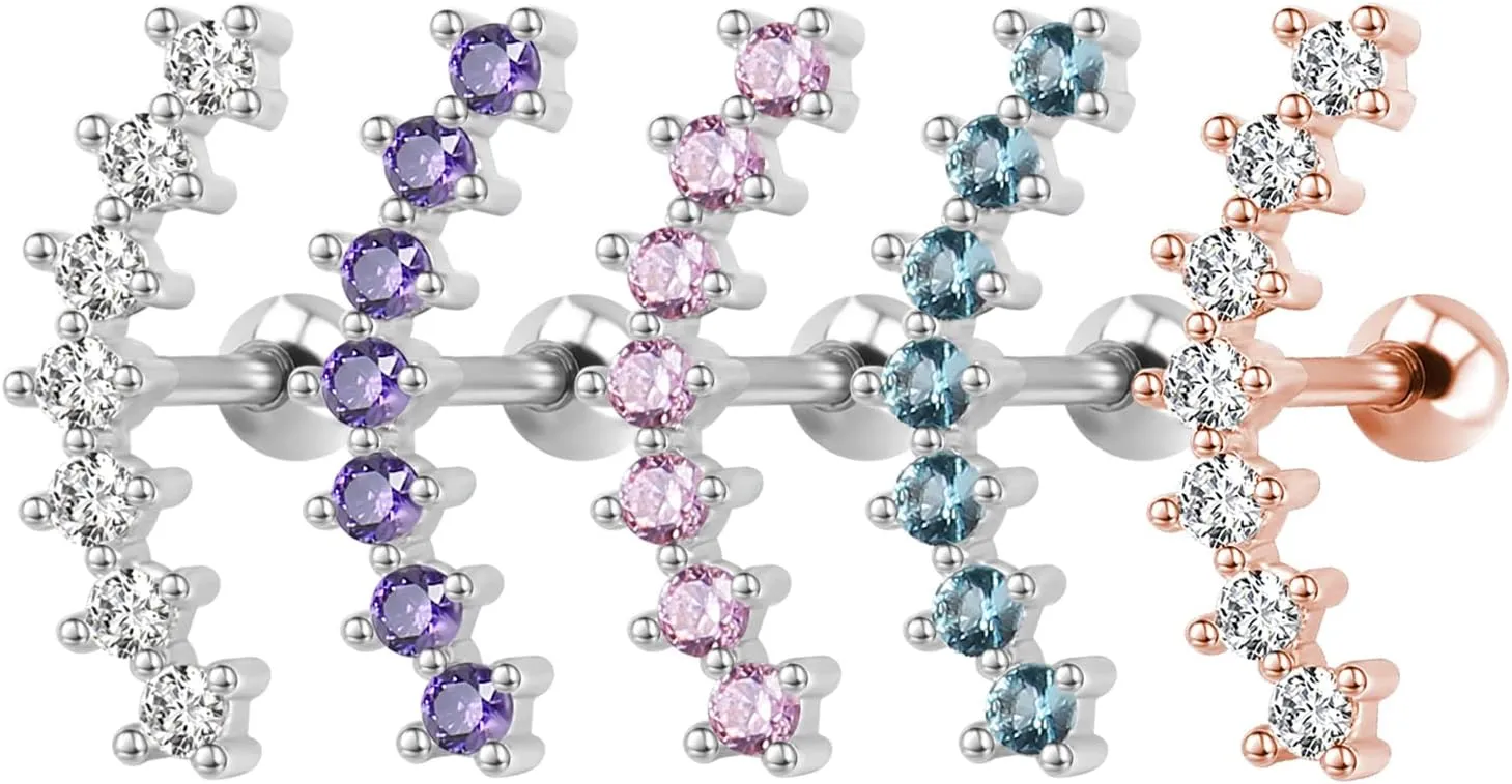 ZS Curve Seven Stud CZ Stud Earrings 316L Stainless Steel Ear Helix Conch Cartilage Piercing